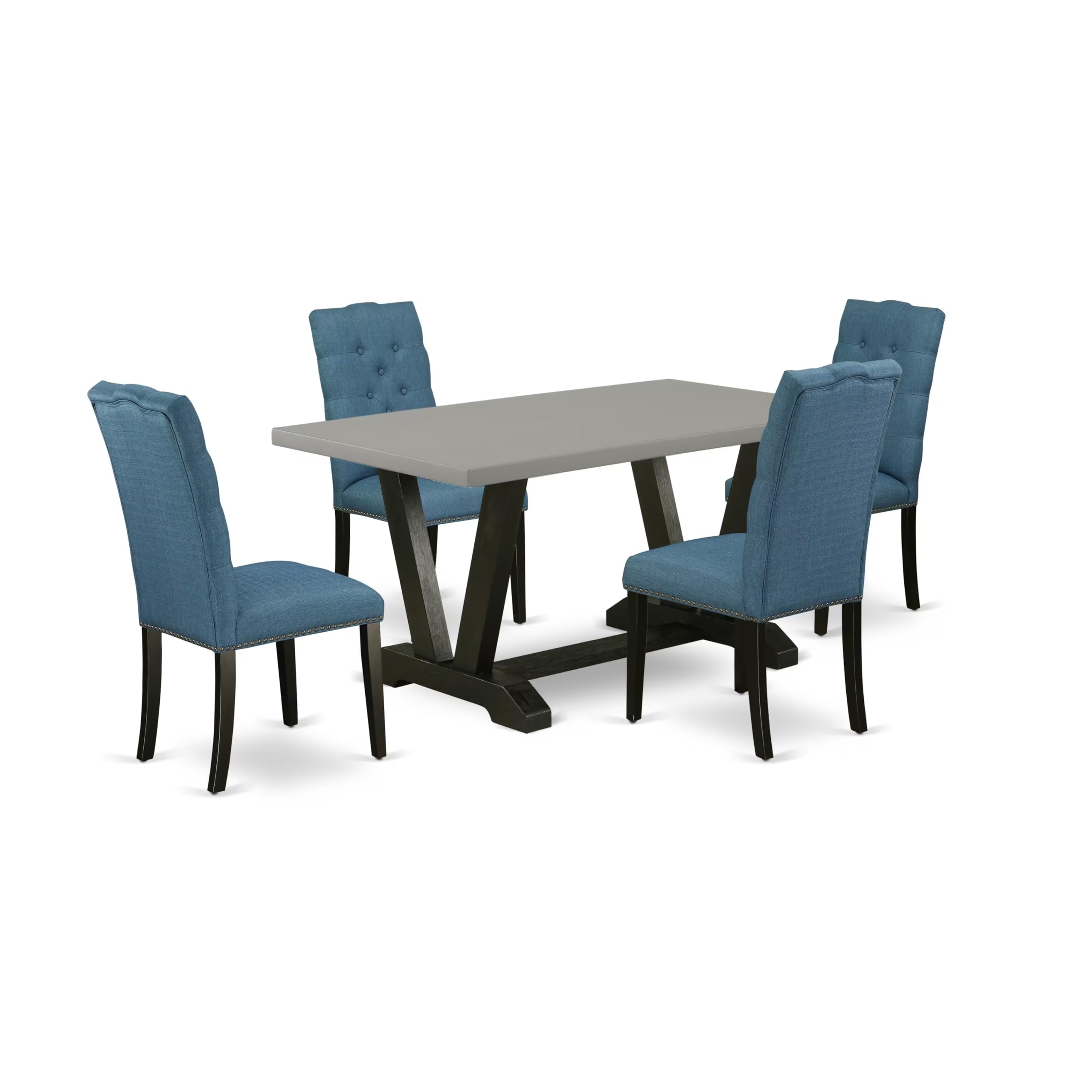 East West Furniture V696El121-5 5 Piece Dinette Set For 4 Includes A Rectangle Dining Room Table With V-Legs And 4 Blue Linen Fabric Parsons Dining Chairs, 36X60 Inch, Multi-Color
